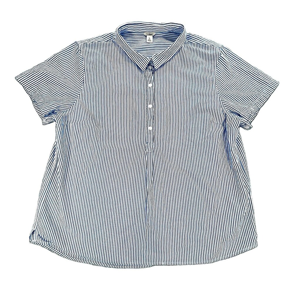 L.L.Bean Seersucker Shirt XL Blue & White Striped Short Slv Popover Vacationland